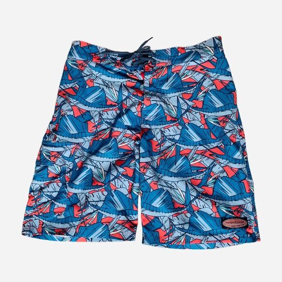 Vineyard Vines Fish Print Swim Shorts Blue Red Size 32 Elastic Waist Drawstring - Picture 1 of 8